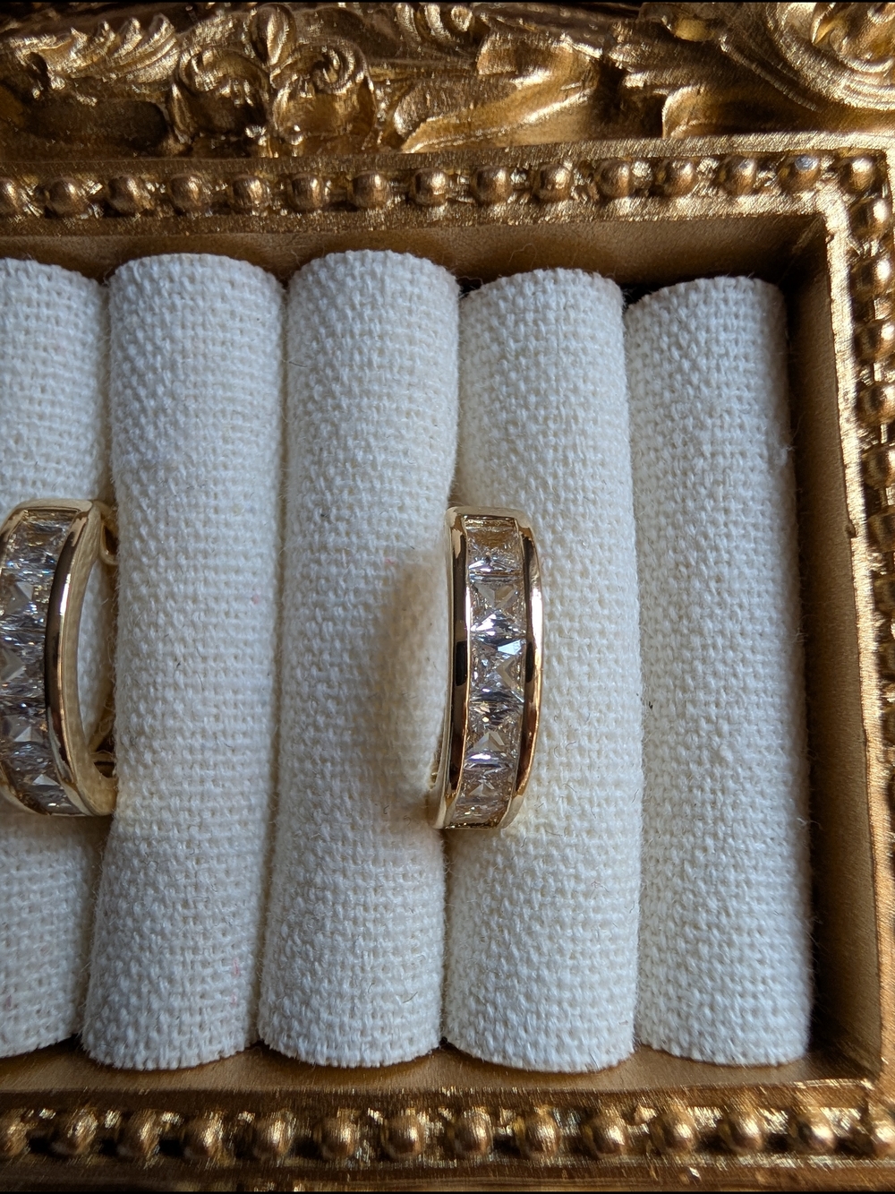 Gold Hoop Earrings - Gold Tone Huggie Hoop Earrings with Inlaid Cubic Zirconia - Picture 7 of 16